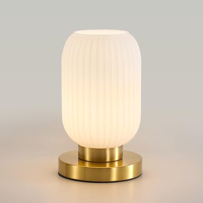 Dimmable White Glass Table Lamp: Mid Century Modern Nightstand Light with Milk White Shade - Small Decorative Brass Desk Lamp - Ribbed Glass Bedside Tables Lamps for Bedroom Living Room Bulb Excluded