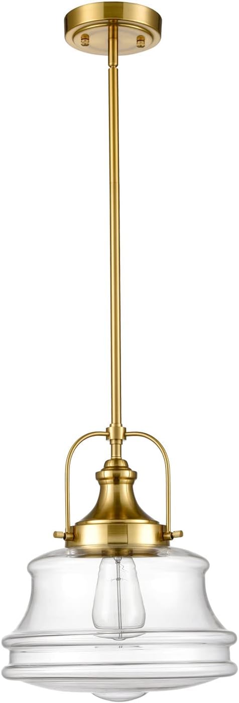 DEYNITE Modern Schoolhouse Pendant Light Fixtures Brass Hanging Kitchen Light with Clear Shade, E26 Light for Dining Room, Bedroom, Bathroom