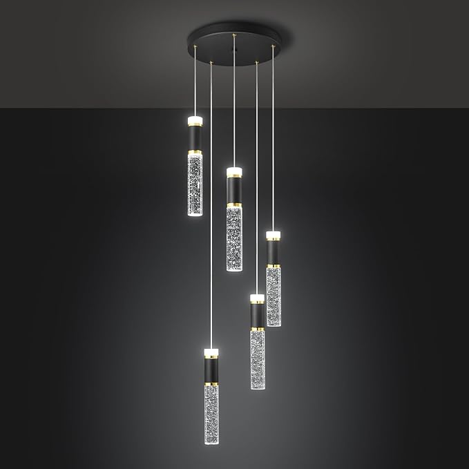 5-Light Pendant Lights, Modern Black Gold Pendant Light Fixtures with Bubble Crystal, Dimmable LED, Kitchen Island & Dining Room