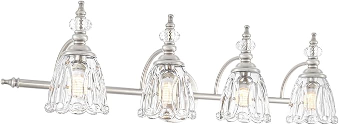 4 Light Brushed Nickel Bathroom Light Fixture, Antique Vanity Light with Flower Glass Shade, Bathroom Vanity Light Over Mirror, Farmhouse Sconces Wall Lighting for Hallway Livingroom Bedroom
