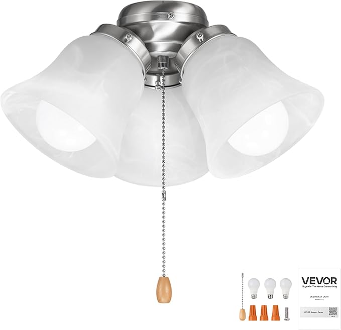 VEVOR Ceiling Fan Light Kit, Three-Light 3000K 750lm Fan Light Kit with Pull Chain, Replacement Fixture for Living Room, Bedroom, Dining Room, Home Decor, Cloud White Glass & Brushed Nickel Finish