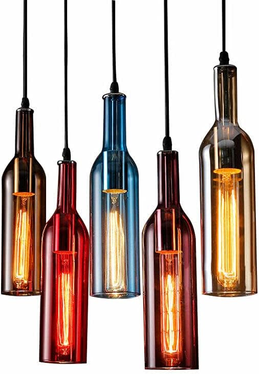 5-Head Colorful Beer Bottle Chandelier, Industrial Ceiling Light Vintage Pendant Lamp, Wine Glass Bottle Chandelier Pendant Lighting Fixture Hanging Lamp Height Adjustable, E27 Lamp Holder