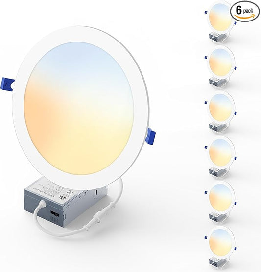 6 Pack 8 Inch LED Recessed Light, Dimmable, Damp Rated, 5CCT Selectable, 18W 1600LM, 120V, Silm Canless Wafer Ceiling Light, ETL&FCC