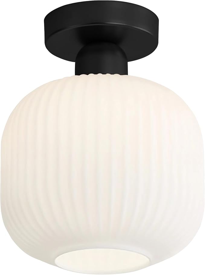KCO Lighting Modern Farmhouse Black Semi Flush Mount Ceiling Light White Ribbed Glass Flush Mount Ceiling Light Small Hallway Light Fixtures Mid Century Bathroom Ceiling Lighting