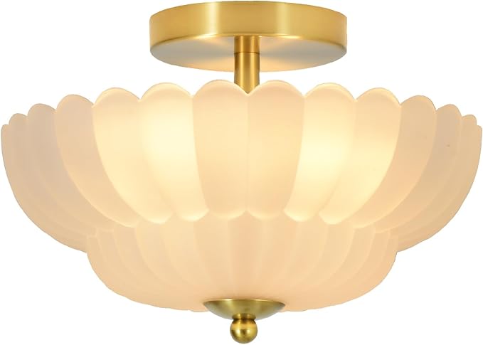 11.8 inch Kitchen Ceiling Light, 3-Light Semi Flush Mount Ceiling Lamp with Flower Glass, Modern Close to Ceiling Light Fixtures for Bathroom Bedroom Hallway Entryway, Milk White