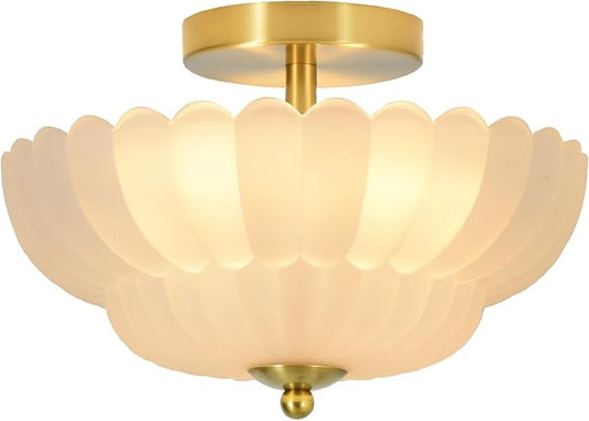 11.8 inch Kitchen Ceiling Light, 3-Light Semi Flush Mount Ceiling Lamp with Flower Glass, Modern Close to Ceiling Light Fixtures for Bathroom Bedroom Hallway Entryway, Milk White