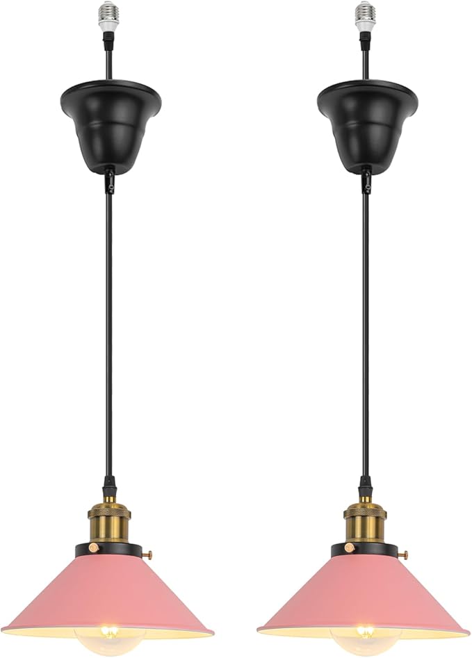 2 Pcs Ceiling Lights Conversion Pendant E26 Base Connections Adjusted Wire Length Cone Metal Pink Lampshade Industrial Style Conversion Kit for E26 Ceiling Lamp Fixtures