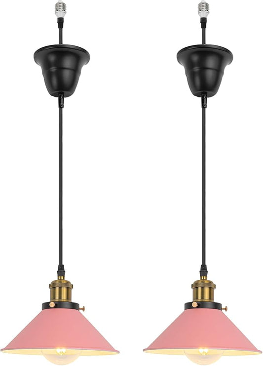 2 Pcs Ceiling Lights Conversion Pendant E26 Base Connections Adjusted Wire Length Cone Metal Pink Lampshade Industrial Style Conversion Kit for E26 Ceiling Lamp Fixtures