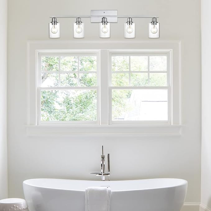 VINLUZ 5 Light Bathroom Lighting Fixture in Chrome Finish,Contemporary Indoor Wall Lights with Clear Cylinder Glass Shade Classic Vanity Light for Stair Entryway Hallway