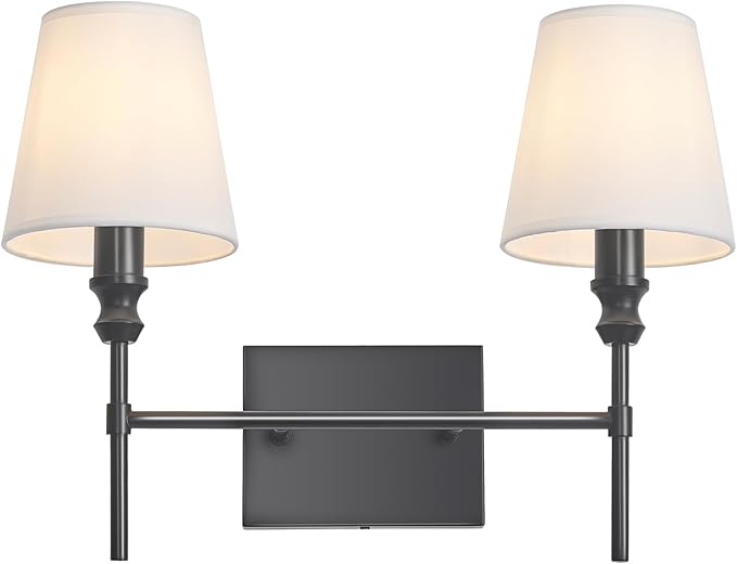 Bathroom Vanity Light,Vintage Bathroom Lighting Fixture Over Mirror,2-Light Black Vanity Light,Double Wall Sconce With Flared White Fabric Lampshade For Bedroom,Living Room,Hardwired, E12 Base