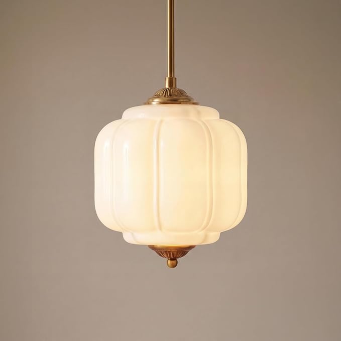 Milk Glass Ceiling Light Fixture - Antique Brass Semi Flush Mount Pendant Light for Kitchen, Hallway, and Bedroom (White, 9 inch)
