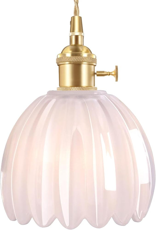 Shenmoyl Pendant Light with White Tulip Glass Lmapshade, Brass Vintage Pendant Light Adjustable Hanging Light for Kitchen Island Dining Room Hallway