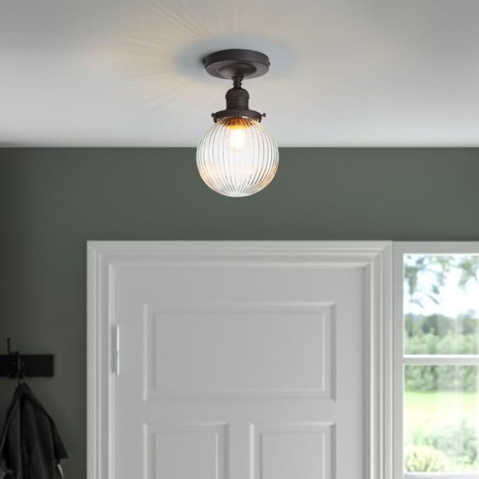 PERMO Semi Flush Mount Ceiling Light with 5.9" Globe Ribbed Glass Lampshade Vintage Matte Black Small Ceiling Light Fixture for Entry Way Bedroom Bathroom Porch
