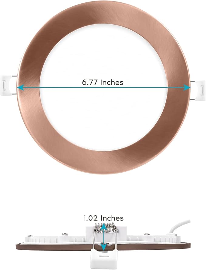 LUXRITE 6 Inch Ultra Thin LED Recessed Light with J-Box, 12W, 5 Color Options 2700K | 3000K | 3500K | 4000K | 5000K, Dimmable Wafer Light, 1000 Lumens, Copper Trim, Energy Star, IC Rated