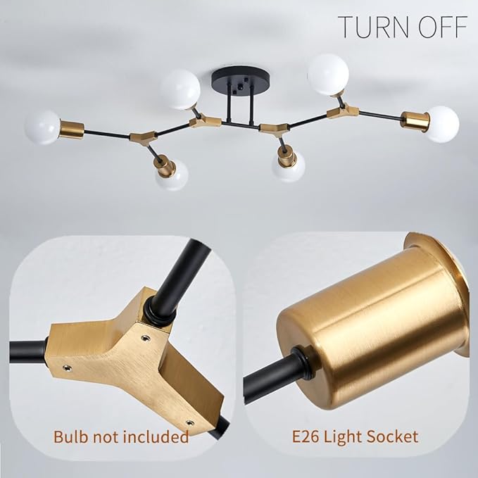 Modern Gold and Black Sputnik Semi Flush Mount Ceiling Light Fixture for Dining Room Living Room Bedroom Kitchen Closet Hallway Aisle, Mid Century Metal 6 Light Chandelier