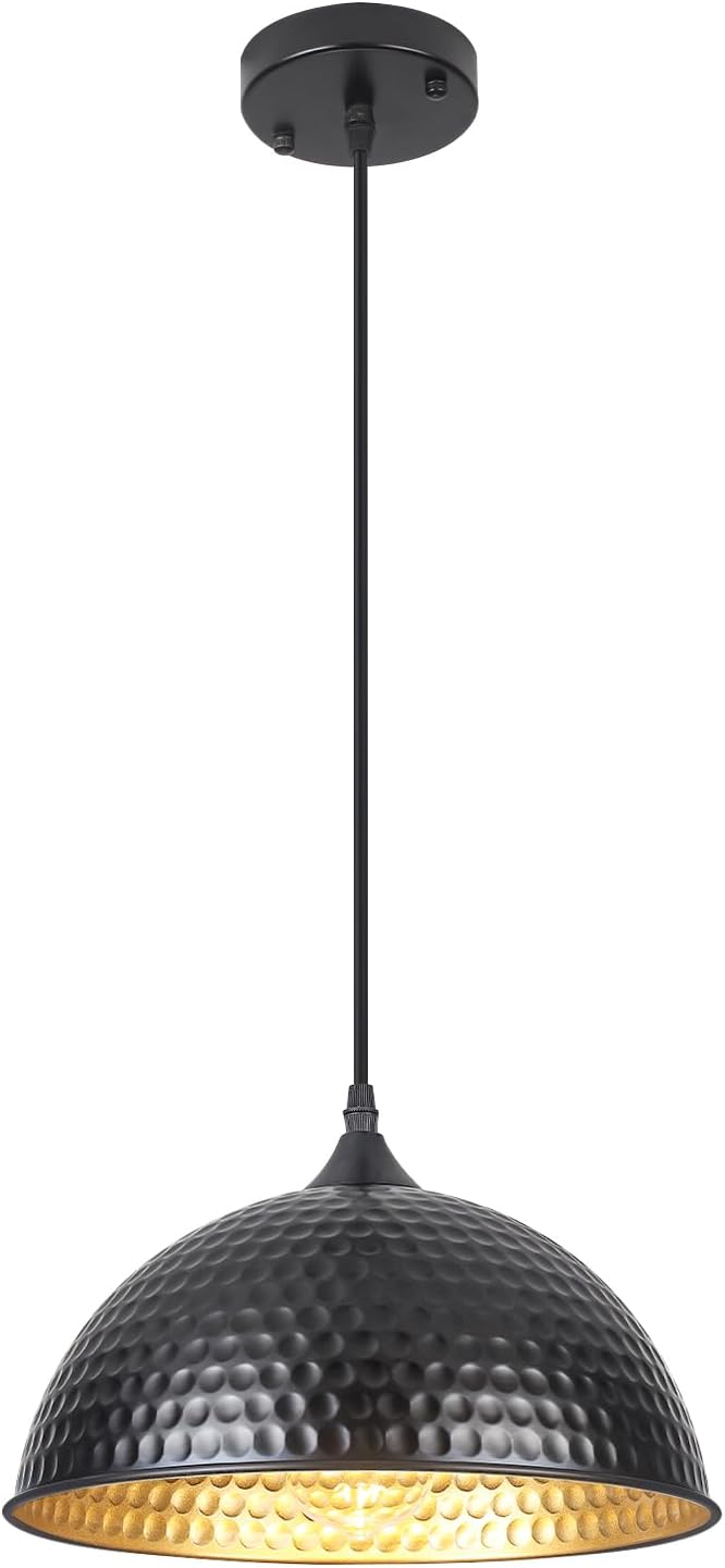 Black Pendant Lights Kitchen Island 12 Inch, Vintage Hammered Pendant Light Fixtures Adjustable Height Dome Pendant Light for Dining Room Bedroom Bar