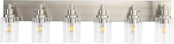LOUSACE 6 Light Bathroom Vanity Light Brushed Nickel, Bathroom Lighting Fixtures with Clear Glass Shades Over Vanity Mirror, Modern Wall Sconces Fixtures for Bedroom Living Room, E26 Socket