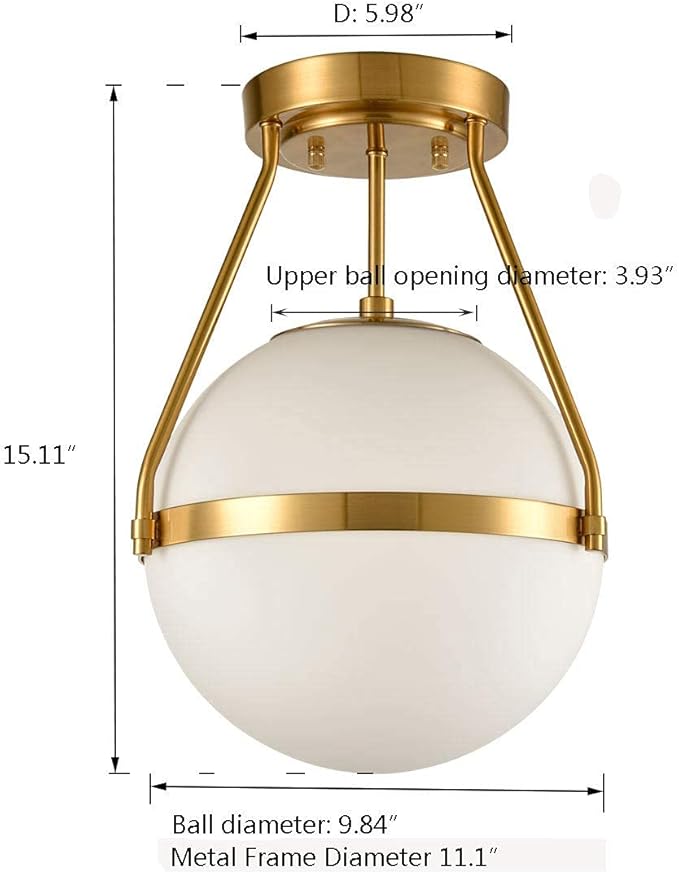 HOLKIRT Mid Century Modern Globe Semi Flush Mount Ceiling Light Fixture,White Opal with Brass Finish,Living/Dinning Room