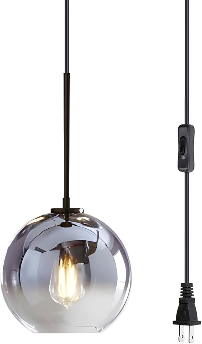 KCO Lighting Plug in Pendant Light Glass Globe Pendant Lights Kitchen Island Black and Silver Plug in Hanging Light Fixture with Cord Mid Century Modern Round Pendant Lighting