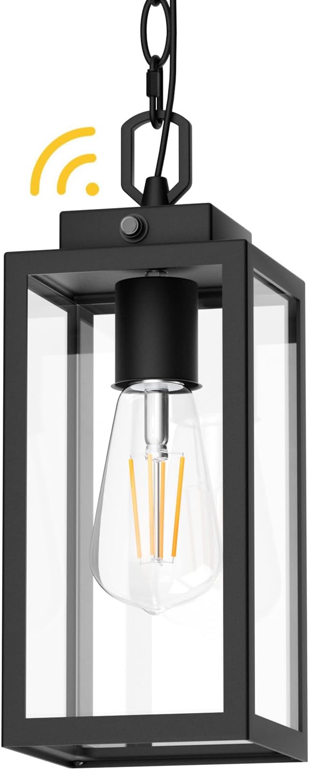 Dusk to Dawn Outdoor Pendant Light, Modern 1-Light Outdoor Hanging Lantern, Matte Black Aluminum with Clear Glass, Exterior Pendant Lighting Fixture for Porch