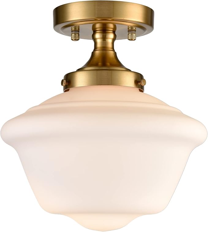 SAMTEEN Gold Semi Flush Mount Ceiling Light Modern Schoolhouse Ceiling Light Fixture Milk White Glass Flush Mount Light for Hallway Bedroom Kitchen Living Room, 10 Inches