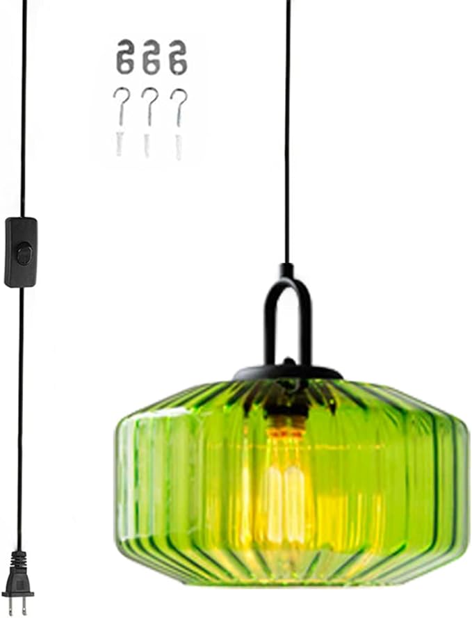 Plug in Pendant Light Green Glass Pendant Lamp Plug in Pendant Light Fixtures Mid Century Modern Hanging Lamp with Cord On/Off Switch Striped Glass Swag Light Dining Room Ceiling Lamp