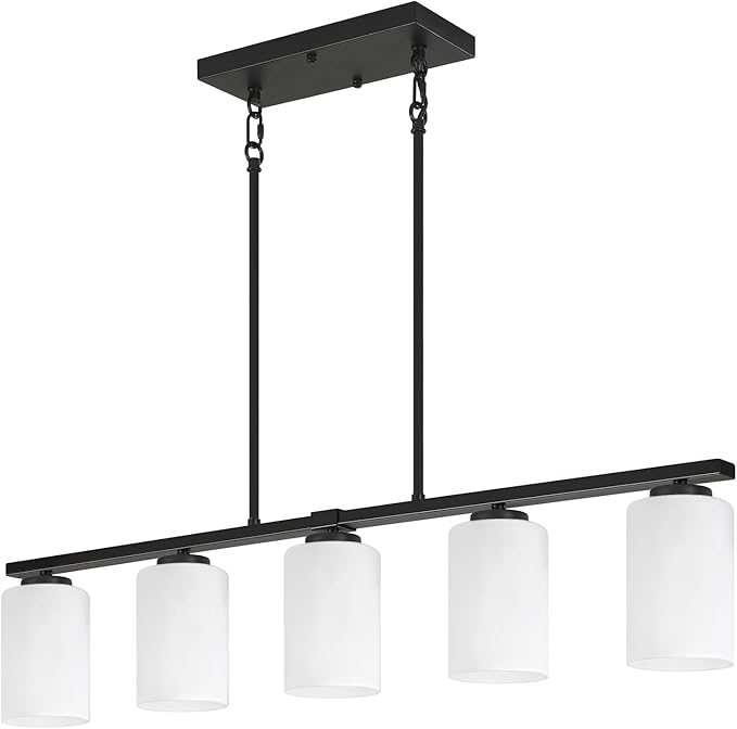 Modern Island Lights for Kitchen 5-Light Black Dining Room Light Fixtures Over Table Glass Penadnt Lights Adjustable Hanging Kitchen Island Lighting Linear Farmhouse Chandelier Over Island