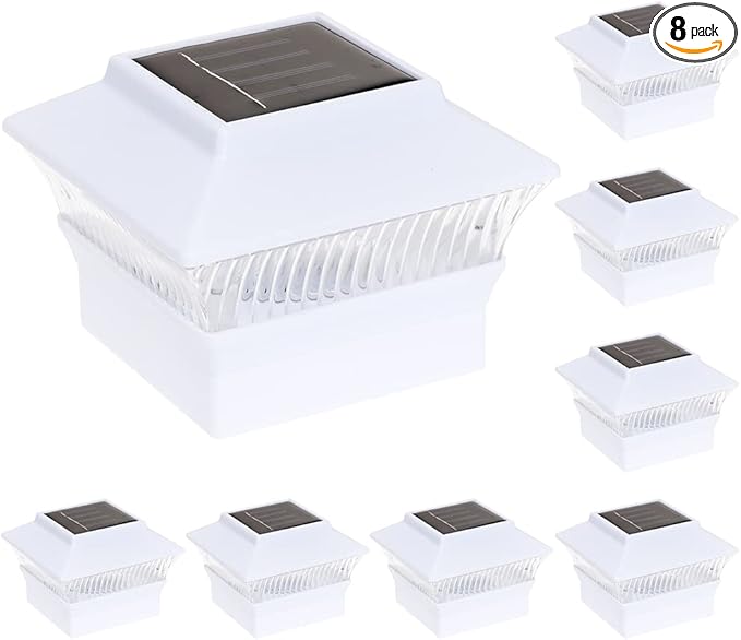 GreenLighting Standard #1 Solar Post Cap Lights Fits 4x4 Nominal Wood, 4x4 PCV/Vinyl Posts, Outdoor Fence Solar Powered Light, Landscaping, Deck, Garden, Includes Flush Mount Adapter White 8 Pack
