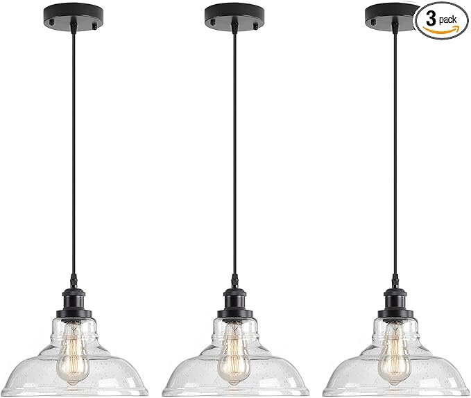 GLADFRESIT 3 Packs Industrial Pendant Lights, Vintage Hanging Light Over Table, Black Bubble Dome Glass Lampshade, Black Lamp Head and Base, Adjustable Hanging Height Lighting Fixtures.