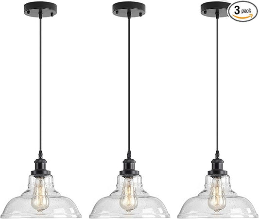 GLADFRESIT 3 Packs Industrial Pendant Lights, Vintage Hanging Light Over Table, Black Bubble Dome Glass Lampshade, Black Lamp Head and Base, Adjustable Hanging Height Lighting Fixtures.