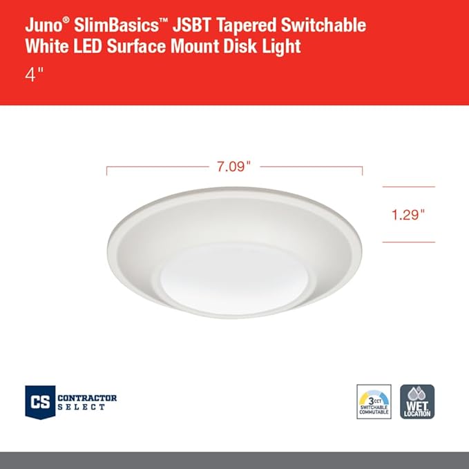 Juno JSBT 4-Inch SlimBasics Tapered Disk Downlight, Switchable, White (1 Pack)
