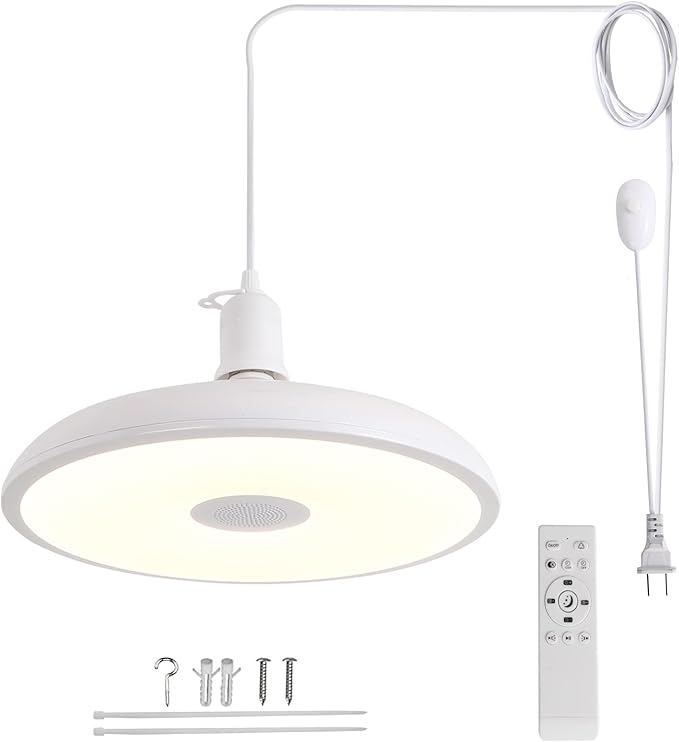 HOREVO Plug-in Pendant Light with Remote Control, Bluetooth Speaker, and Color Changing LED 8.7" 18W Adjustable Farmhouse Hanging Fixture for Kitchen Island, Bar, Dining Room, Bedroom, Entryway