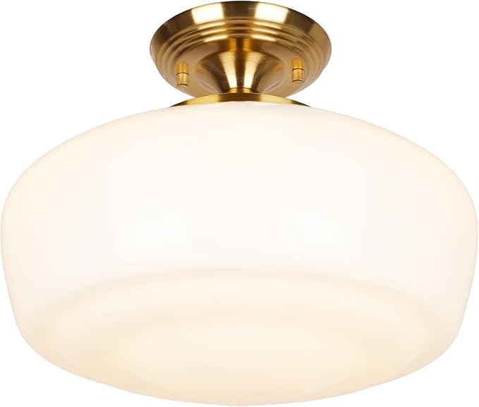 Large Schoolhouse Style Semi Flush Mount Ceiling Light Fixture, 14" Modern Gold Hallway Ceiling Lamp with Opal Milk Glass Shade Brass, Farmhouse Globe Light for Bedroom Kitchen Hallway Entryway