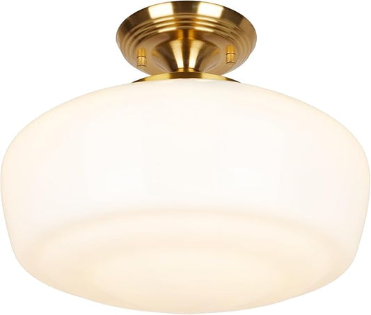 Large Schoolhouse Style Semi Flush Mount Ceiling Light Fixture, 14" Modern Gold Hallway Ceiling Lamp with Opal Milk Glass Shade Brass, Farmhouse Globe Light for Bedroom Kitchen Hallway Entryway