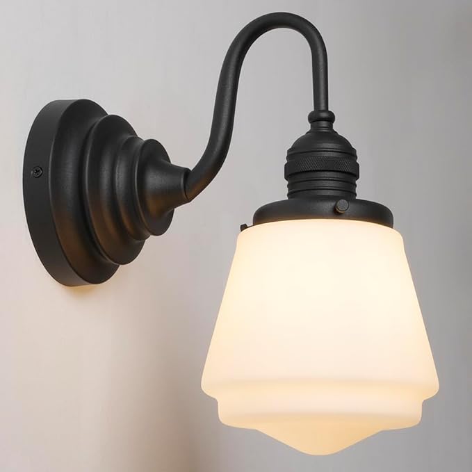 Black Wall Sconce Vintage Farmhouse Bathroom Vanity Light with Frosted Milk White Class Hardwire Sconce Indoor Wall Lamp Light Fixture for Bathroom Mirror Living Room Bedroom Kitchen