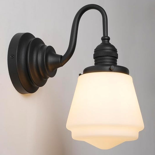Black Wall Sconce Vintage Farmhouse Bathroom Vanity Light with Frosted Milk White Class Hardwire Sconce Indoor Wall Lamp Light Fixture for Bathroom Mirror Living Room Bedroom Kitchen