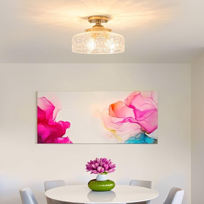 Gold Semi Flush Mount Ceiling Light, 3-Light Close to Ceiling Light with Globe Glass, Vintage Hallway Lights, Brass Closet Light Fixture, Kitchen Flush Ceiling Mount for Entryway Bedroom Bathroom,E12