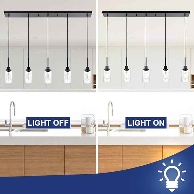 TODOLUZ 5-Lights Pendant Light Fixtures, Kitchen Island Lighting with Adjustable Cord, Hanging Ceiling Lamp Seeded Glass for Dining Room Pool Table