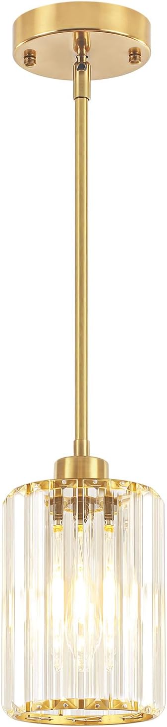 Modern Crystal Pendant Lights Kitchen Island, Brushed Brass Pendant Lighting Over Island Kitchen Hanging Light Fixtures Adjustable Mini Pendant Light for Dining Room Bathroom Entryway Hallway Foyer