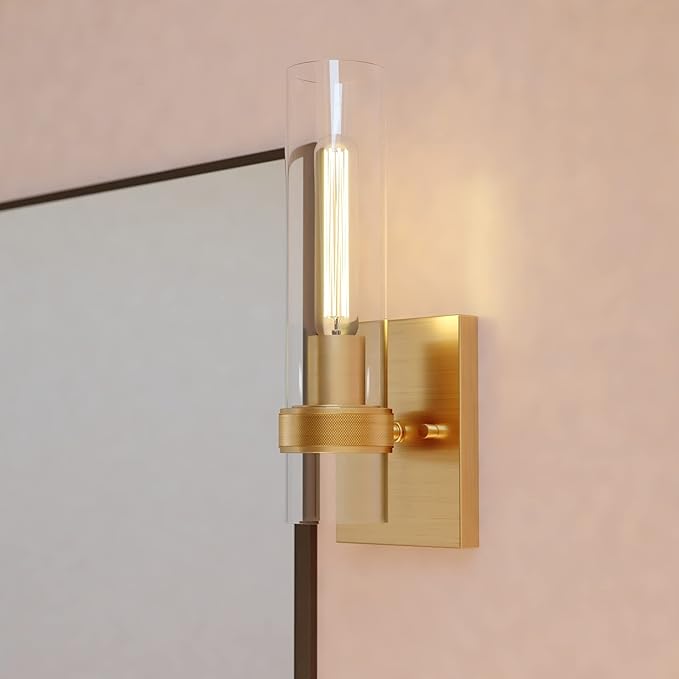 VAXCEL Bari 1 Light Satin Brass Contemporary Wall Sconce with Clear Cylinder Glass