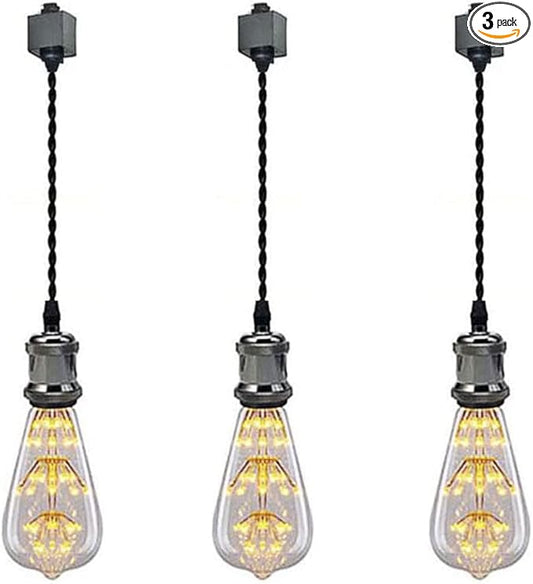 Kiven 3-Light H-Type Wire Track Light Pendants, 7 Inch Cord Length Black Weave Rope, Restaurant Chandelier Decorative Pendant Light Industrial Factory Pendant Lamp 3 Pack,Bulb Not Included（Black）