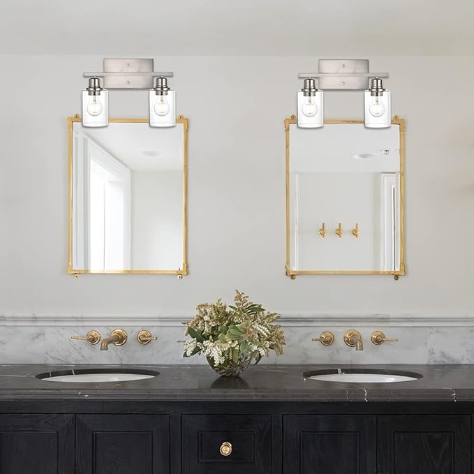 VINLUZ Modern Bathroom Vanity Light,2 Light Industrial Wall Sconces in Brushed Nickel Finish Indoor Metal Base Wall Mounted Fixture with Clear Glass Shade