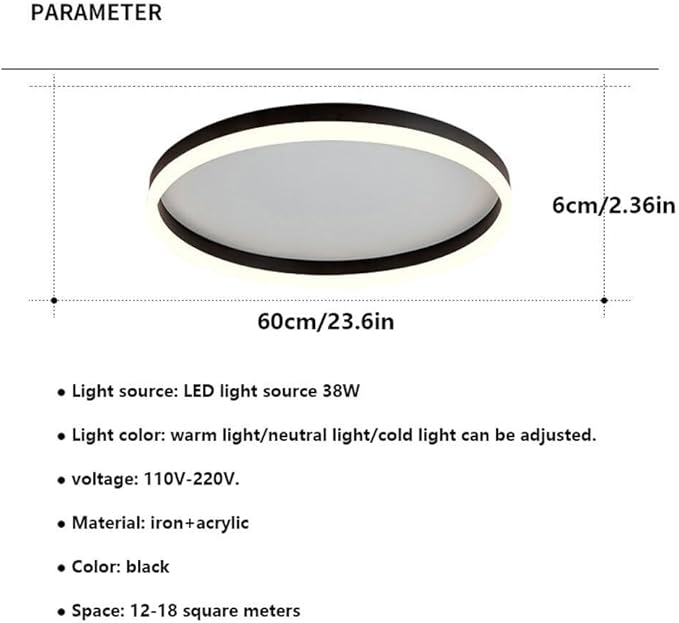 Minimalist Style Black Circle Close to Ceiling Lamp, Adjustable Warm Light/Neutral Light/White Light, Ultra-Thin 2.36in, Ideal for Small Spaces, Balcony, Porch, and Laundry Room Lighting