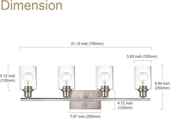 VINLUZ Industrial Brushed Nickel Wall Sconce with Clear Glass Shade and Metal Base,4 Light Bathroom Vanity Lighting Fixture Over Mirror for Dressing Table