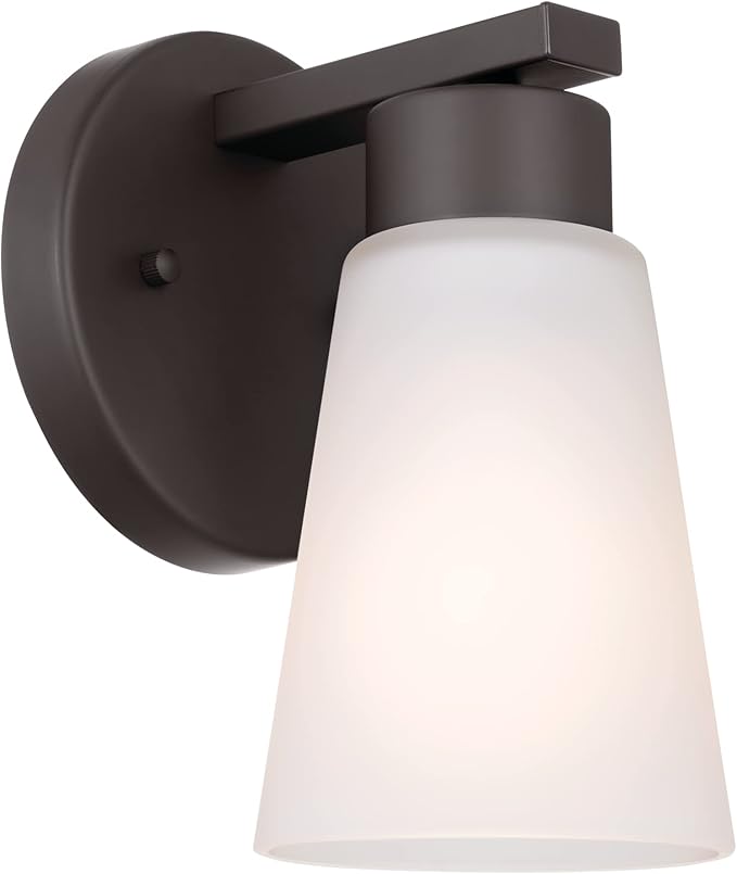 Kichler Stamos Wall Sconce 1-Light with Satin Etched Glass, Modern Bathroom or Hallway Light in Olde Bronze®, (8" H x 5" W x 6" D)