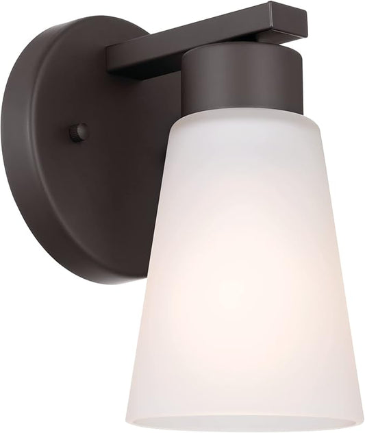 Kichler Stamos Wall Sconce 1-Light with Satin Etched Glass, Modern Bathroom or Hallway Light in Olde Bronze®, (8" H x 5" W x 6" D)