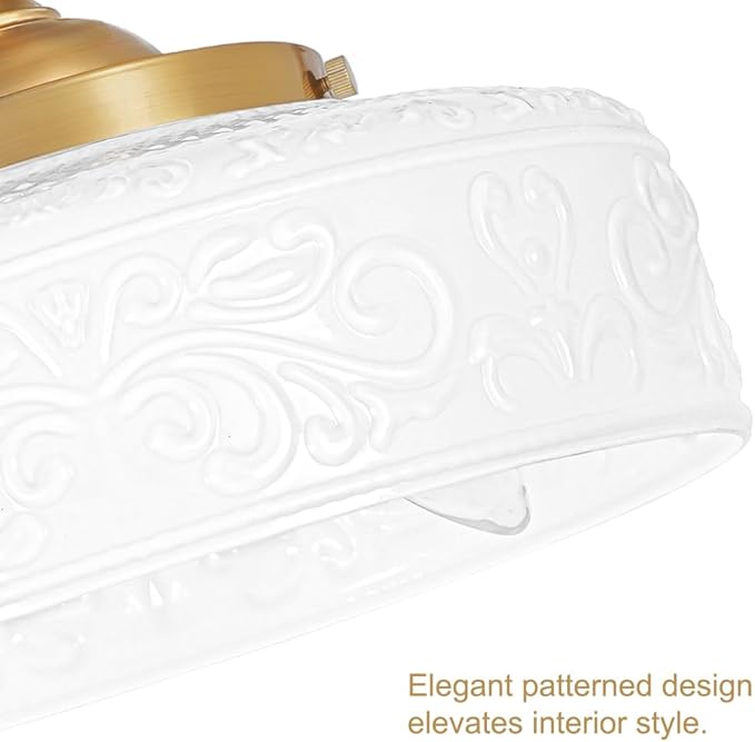Gold Semi Flush Mount Ceiling Light with Hand-Carved Design - 12 Inch Vintage White Glass Shade with Etched Patterns, Easy Install 3-Light Fixture for Hallway, Kitchen, Bedroom
