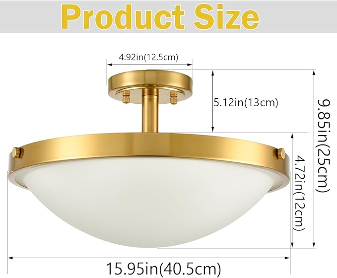 SAMTEEN 16-Inch Gold Semi Flush Mount Ceiling Light Mid Century Modern 3-Light Milk Glass Ceiling Light Brass Glass Flush Mount Light Fixtures for Bedroom Hallway Staircase
