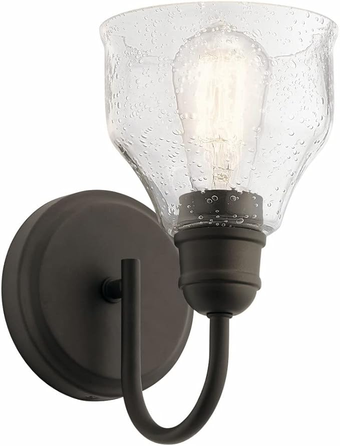 Kichler Avery 5.5" Wall Sconce Industrial 1 Light Wall Fixture with Clear Seeded Glass in Black, for Bathroom, Bedroom or Hallway (8.25" x 5.5" x 9.5") 45971BK