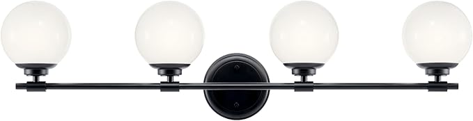 Kichler Benno 4-Light Vanity, Modern Light with Opal Glass in Black, for Bathroom or Powder Room (8.75" x 34"), 55173BK